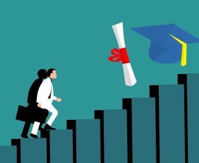 A professional man climbs a staircase symbolizing the progressive journey of education